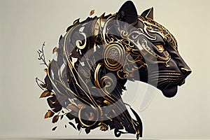 Luxurious Black And Golden Panther Portrait On White Background - Generative AI