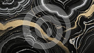 Luxurious black ink marble-like abstract texture with golden dust and agate stone swirls , generated by AI