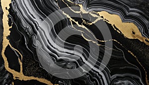 Luxurious black ink marble-like abstract texture with golden dust and agate stone swirls , generated by AI