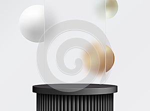 Luxurious black podium with a transparent glass background, white and gold 3D spheres.