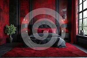 Luxurious black and red bedroom with large bed in classic style