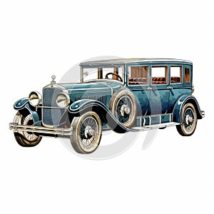 Luxurious Blue Antique Car With Detailed Crosshatching And Ivory Accents