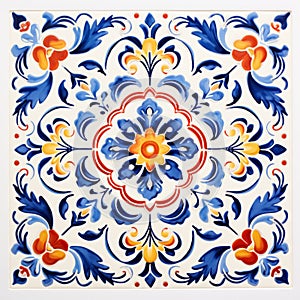 Luxurious Blue And Orange Floral Tile With White Background