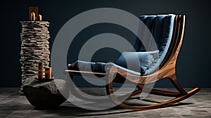 Luxurious Blue Rocking Chair With Styrofoam Bowl In Dark Room