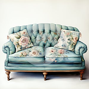 Luxurious Blue Sofa With Realistic Watercolor Floral Designs