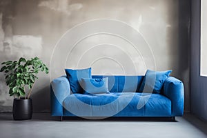 Luxurious blue velvet sofa in Modern Living Space on empty concrete wall background