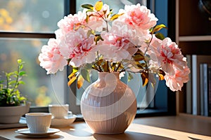 Luxurious bouquet of pink peonies in a vase on the table by the window. Cozy home decor