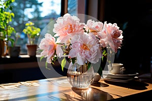Luxurious bouquet of pink peonies in a vase on the table by the window. Cozy home decor