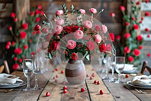 Luxurious bouquet of pink and red roses in a vase on a festive table at a wedding or Valentines Day dinner party