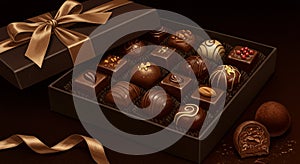 A luxurious box of assorted chocolates, beautifully presented in a dark brown box