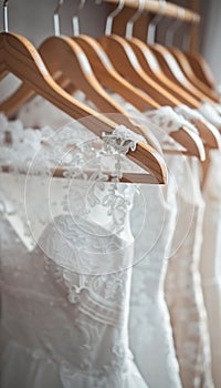 Luxurious bridal gowns on hangers in upscale boutique for weddings, elegant white dress display