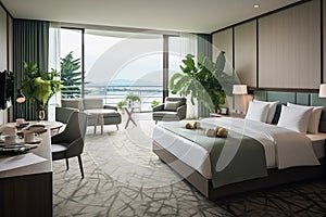 Luxurious, bright bedroom with a comfortable double bed, modern furniture and a beautiful view from the window. Concept