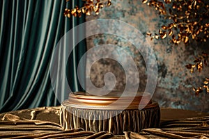 Luxurious bronze podium on velvet fabric with elegant drapery for premium product showcase