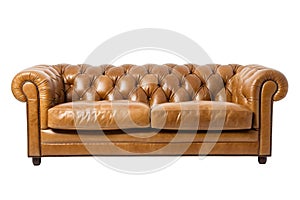 Luxurious Brown Leather Sofa Couch Isolated on Transparent Background. AI