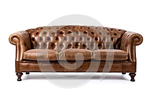 Luxurious Brown Leather Sofa Couch Isolated on Transparent Background. AI