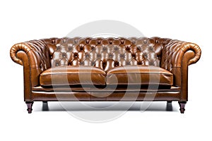 Luxurious Brown Leather Sofa Couch Isolated on Transparent Background. AI