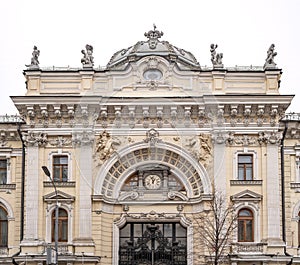 Luxurious building in the Baroque style, Firsanova`s apartment house, Neglinnaya street 14, Moscow, Russia. Facade of a 18th