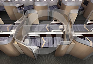 Luxurious business class cabin interior. Each seat divided by frosted acrylic partition