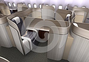 Luxurious business class cabin interior with metallic gold partition.