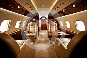 Luxurious business jet interior with empty seats. Generative ai