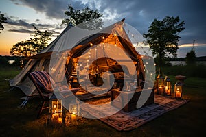Luxurious camping, glamping, a tent in a clearing on the river bank. Tourism and summer vacation with tents concept.