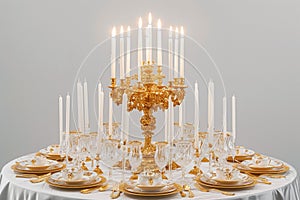 A luxurious candlelit dinner setting in a baroque style, an ornate golden candelabra holding white taper candles at its center.