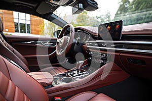 luxurious car interior with designer accessories, leather seats, and multilingual controls