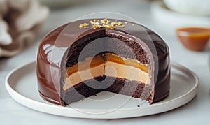 A luxurious caramel and chocolate entremet with intricate layers photo