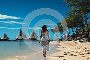 Luxurious Caribbean escape, woman walks on perfect beach, summer holiday dream