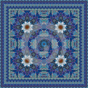 Luxurious carpet with mandalas and lotuses and a decorative frame. Ethnic motives. Scarf, napkin, shawl, wrapping design