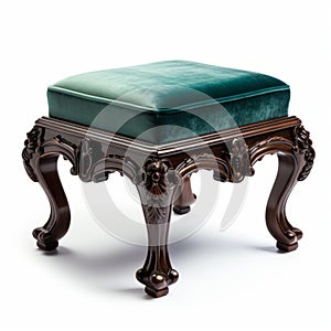 Luxurious Carved Cherry Wood Stool With Green Velvet Upholstery