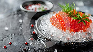 Luxurious caviar presentation served on ice with elegant accompaniments