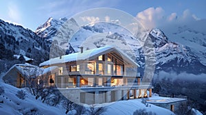 A luxurious chalet nestled in a remote valley with large windows that offer breathtaking views of snowcovered peaks. 2d