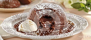 Luxurious chocolate lava cake with molten center and vanilla bean ice cream on simple background