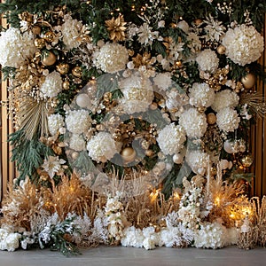 Luxurious Christmas Backdrop in Gold and White Tones photo