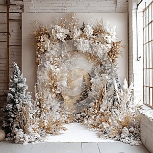 Luxurious Christmas Backdrop in Gold and White Tones photo