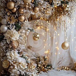 Luxurious Christmas Backdrop in Gold and White Tones photo