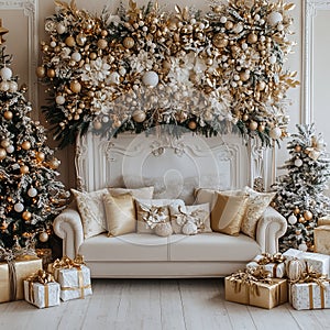 Luxurious Christmas Backdrop in Gold and White Tones photo