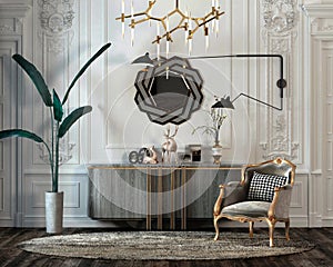 Luxurious classic reception hall design with armchair console mirror on the wall in white and gray colors