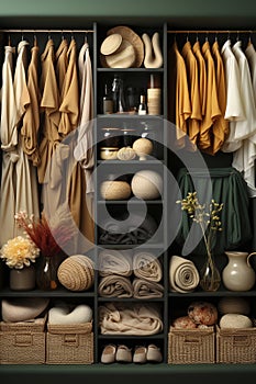 Luxurious clothes boutique. Clothes hats accessories on hangers in closets.