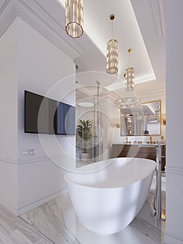 Luxurious contemporary bathroom with a free-standing bath and TV on the wall, shower, vanity with mirror and wall lamp