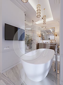 Luxurious contemporary bathroom with a free-standing bath and TV on the wall, shower, vanity with mirror and wall lamp