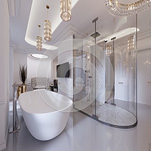 Luxurious contemporary bathroom with a free-standing bath and TV on the wall, shower, vanity with mirror and wall lamp