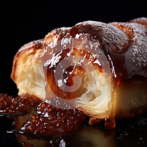 Luxurious Croissant With Caramelic Icing On A Dark Background