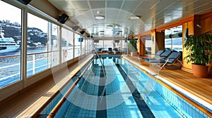 Luxurious cruise ship indoor swimming pool and spa area with sun loungers and exercise equipment.