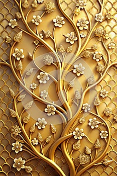 3D branches with golden arabesque blossoms photo