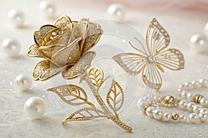 3D golden flower and butterfly with pearls elegant background photo