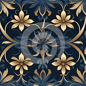 Luxurious damask seamless pattern with a stunning combination of deep blue and radiant gold colors