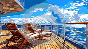 Luxurious Deck Chairs on a Cruise Ship Deck with Ocean View. Relaxing Vacation Concept, Digital Art Style. Summer Travel