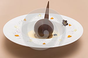 Luxurious dessert with chocolate globe and vanilla sauce,  served on a biscuit,  decorated with chocolate flower,  flower petals